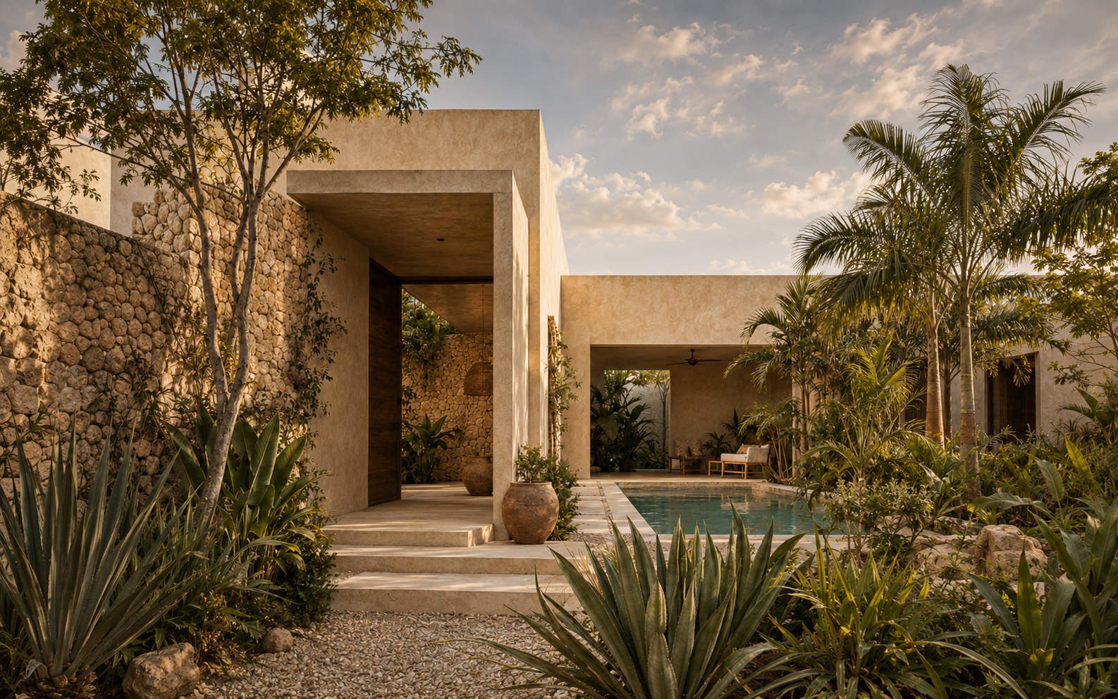 Casa contemporánea de inspiración yucateca rodeada de vegetación